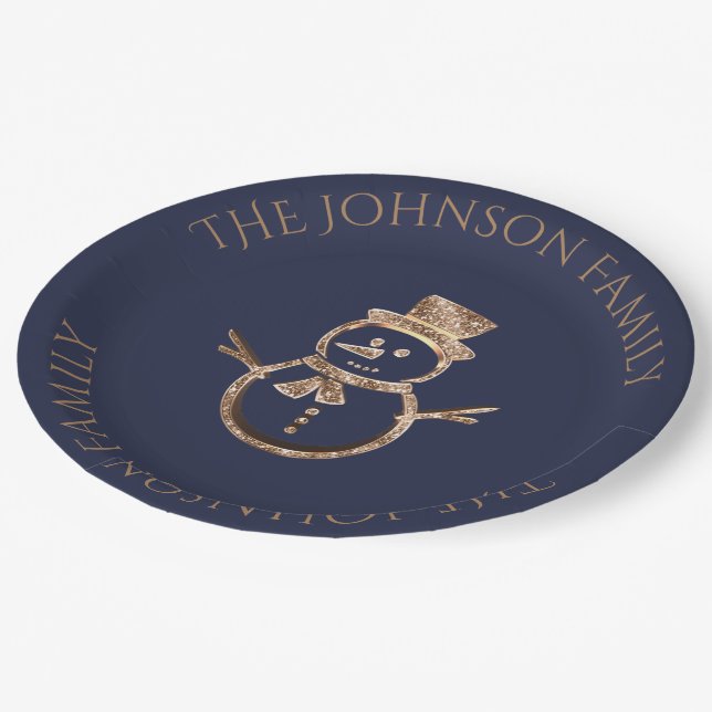 Cute Snowman Elegant Blue and Gold Christmas Paper Plate (Angled)