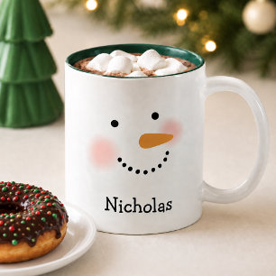 Cute Snowman Face Green Boys Name Christmas Two-Tone Coffee Mug