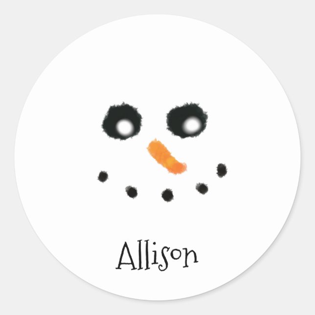 Cute Snowman Face Personalised Name Round Stickers (Front)