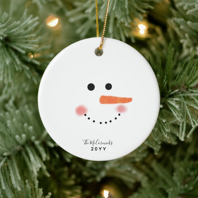 Cute Snowman Face Script Personalised Year Ceramic Ornament (Tree)