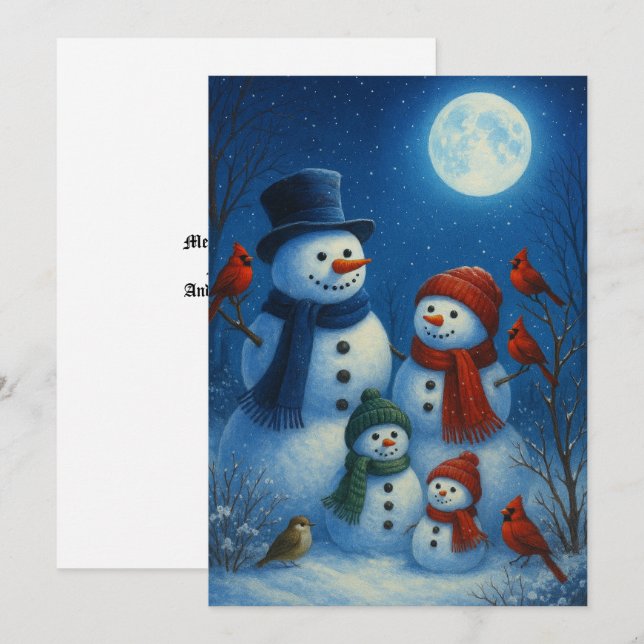Cute Snowman Family In Snowy Moonlit Night Holiday Card (Front/Back)