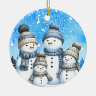 Cute snowman family in the snow ceramic ornament