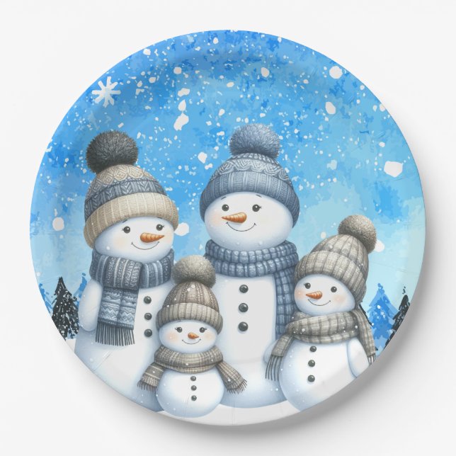 Cute snowman family in the snow paper plate (Front)
