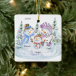 Cute Snowman Family of 3 Personalised Christmas Ceramic Ornament<br><div class="desc">Cute personalised christmas ornament for a family of 3. The design features a happy trio of snowmen surrounded by christmas trees and you can personalise it with the year and your names.</div>