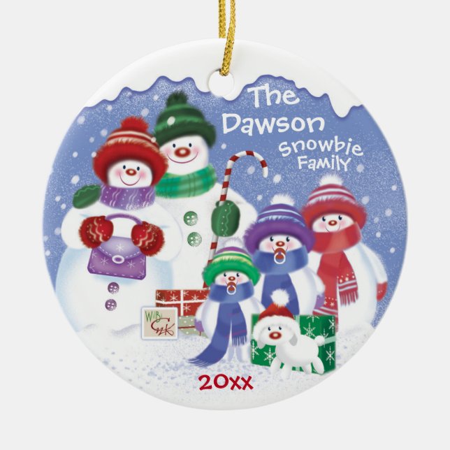"Cute Snowman, Family of 5 Snowbies, Christmas Ceramic Ornament (Front)