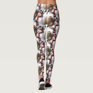Cute Snowman feeding a Robin Christmas design Leggings