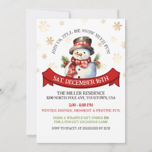 Cute Snowman Gold Snowflakes Christmas Party Invitation