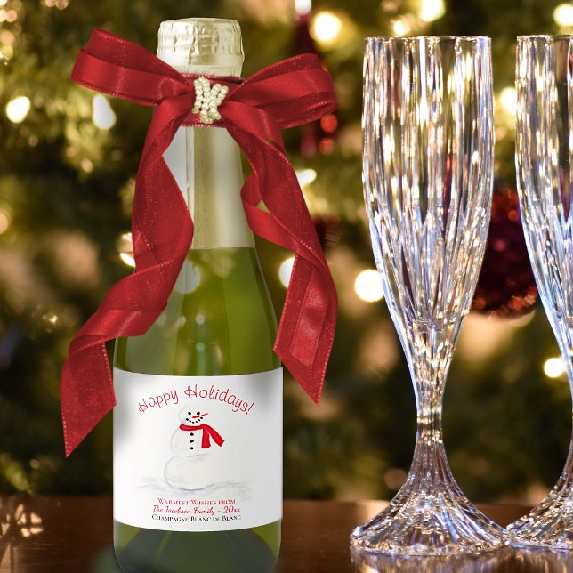 Cute Snowman Happy Holidays Festive Mini Sparkling Wine Label (In Situ with Bow and Glasses)
