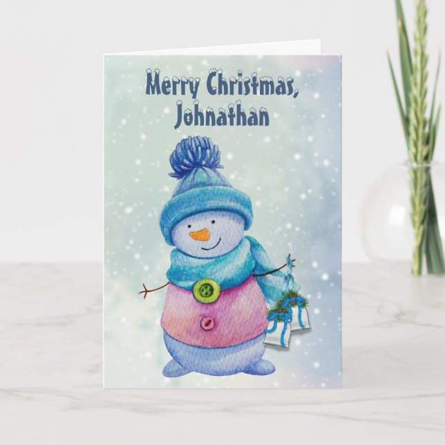 Cute Snowman Holding Christmas Bells, Snowy Holiday Card (Front)