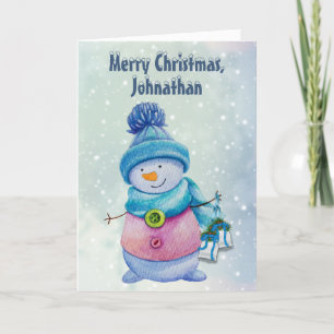 Cute Snowman Holding Christmas Bells, Snowy Holiday Card
