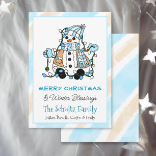 Cute Snowman Holding Christmas Lights Personalised Card