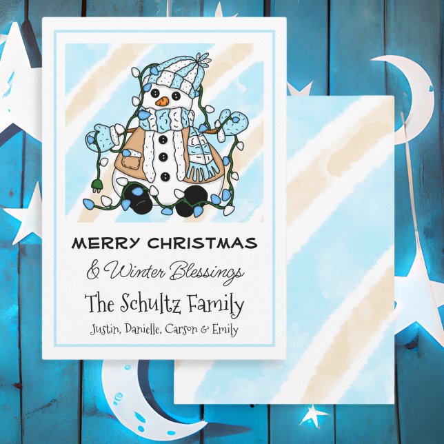 Cute Snowman Holding Christmas Lights Personalised Card (Creator Uploaded)