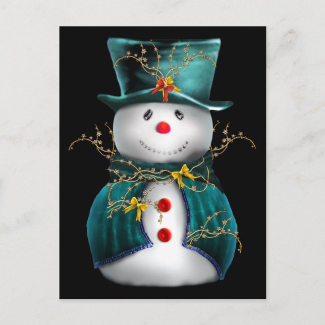 Cute Snowman in Blue and Green Velvet Christmas Holiday Postcard (Front)