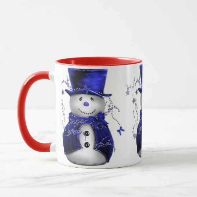 Cute Snowman in Blue Velvet Christmas Mug (Left)