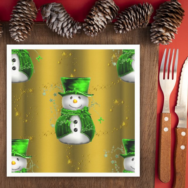 Cute Snowman in Green on Gold Christmas Napkin (Creator Uploaded)