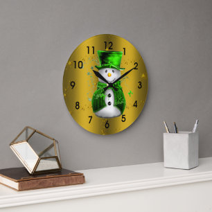 Cute Snowman in Green Velvet on Gold Christmas Large Clock