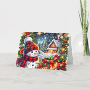 Cute Snowman in Plaid Hat Christmas Holiday Card