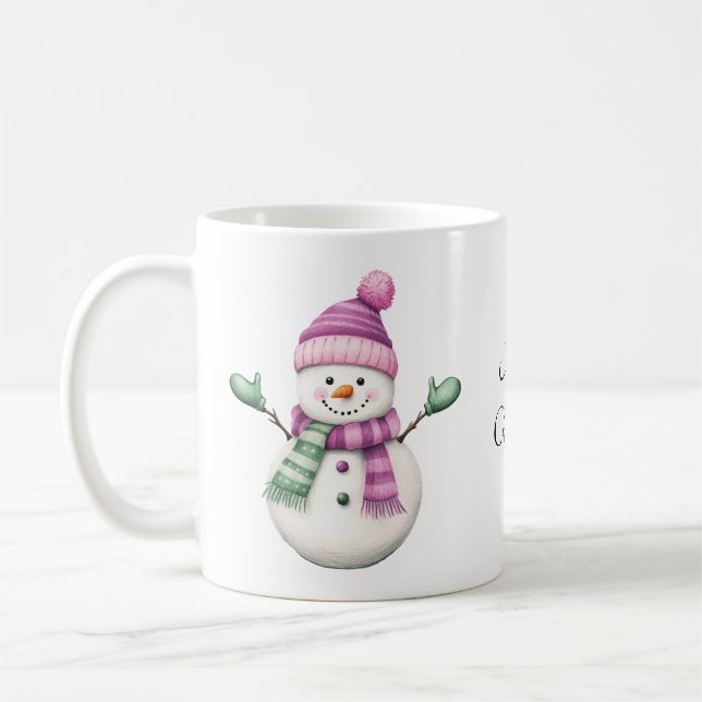 Cute Snowman in Purple Pink and Green Coffee Mug (Left)