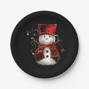 Cute Snowman in Red Velvet Christmas Paper Plate