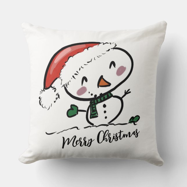 Cute Snowman in Santas Hat Cushion (Front)