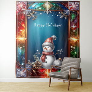 Cute Snowman in Stained Glass Frame Backdrop Tapestry