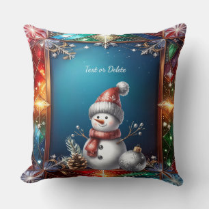 Cute Snowman in Stained Glass Frame Cushion