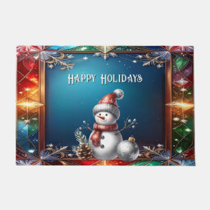 Cute Snowman in Stained Glass Frame Doormat