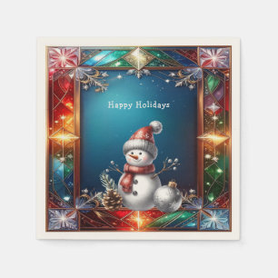 Cute Snowman in Stained Glass Frame Napkin