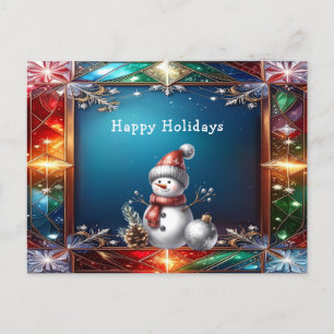 Cute Snowman in Stained Glass Frame Postcard