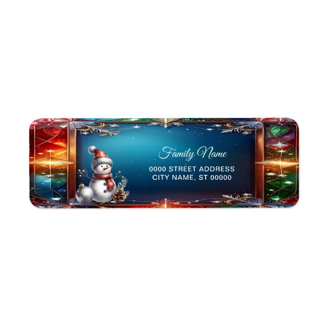Cute Snowman in Stained Glass Frame Return Address Label (Front)