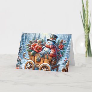 Cute Snowman in Wagon Christmas Holiday Card
