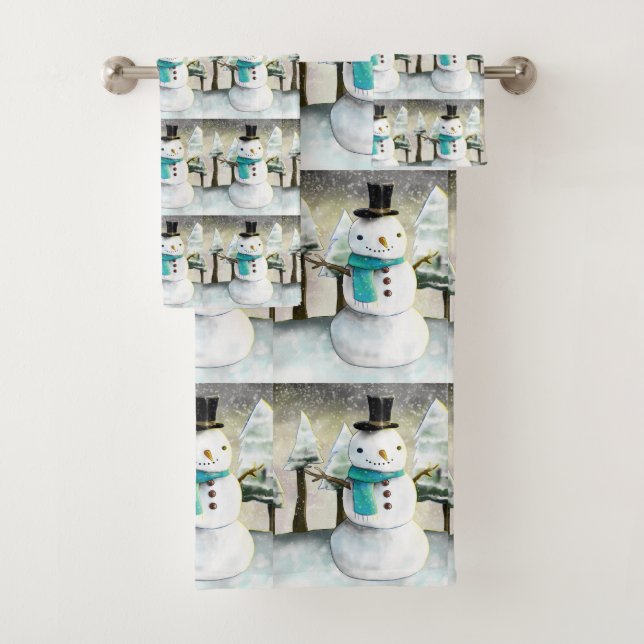 Cute Snowman in Winter Christmas Scene Pattern Bath Towel Set (Insitu)
