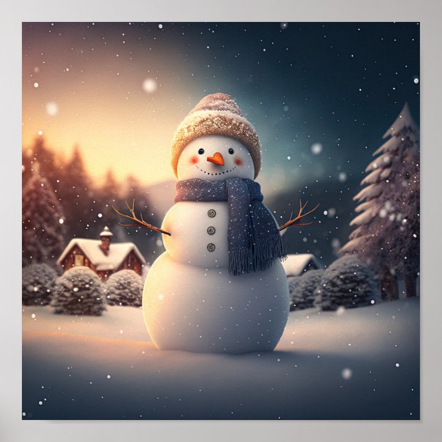 Cute snowman in winter forest.  poster (Front)