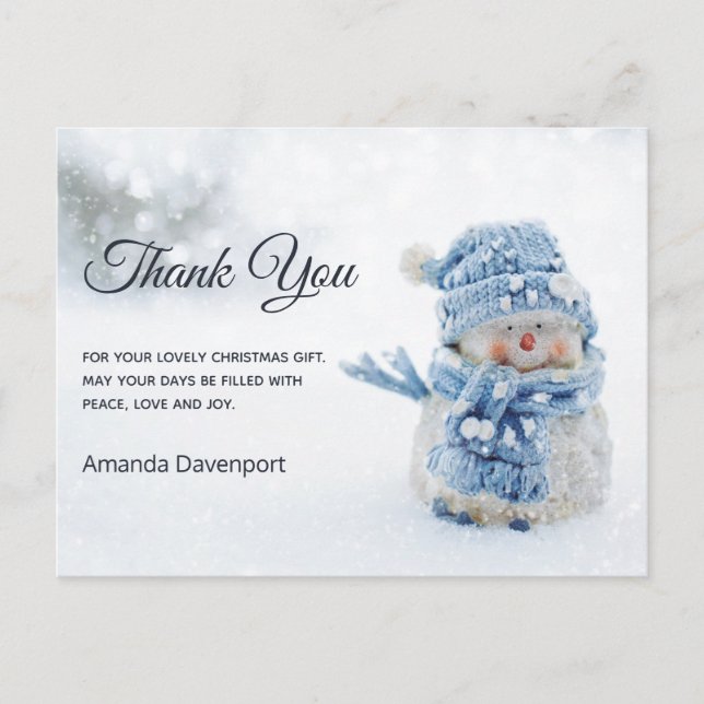 Cute Snowman in Winter Photo Christmas Thank You Postcard (Front)