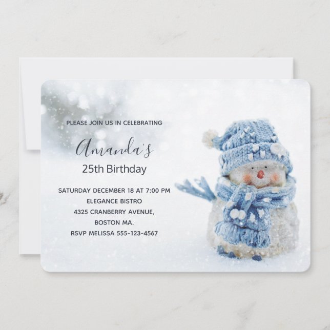 Cute Snowman in Winter Photograph Birthday Invitation (Front)