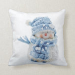 Cute Snowman in Winter Photograph Christmas Cushion<br><div class="desc">Pillow with a cute photograph of a little snowman. Standing outside in the winter with snow falling all around. This cute little guy is dressed up in blue knitted hat and scarf.</div>