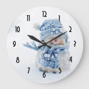 Cute Snowman in Winter Photograph Christmas Large Clock
