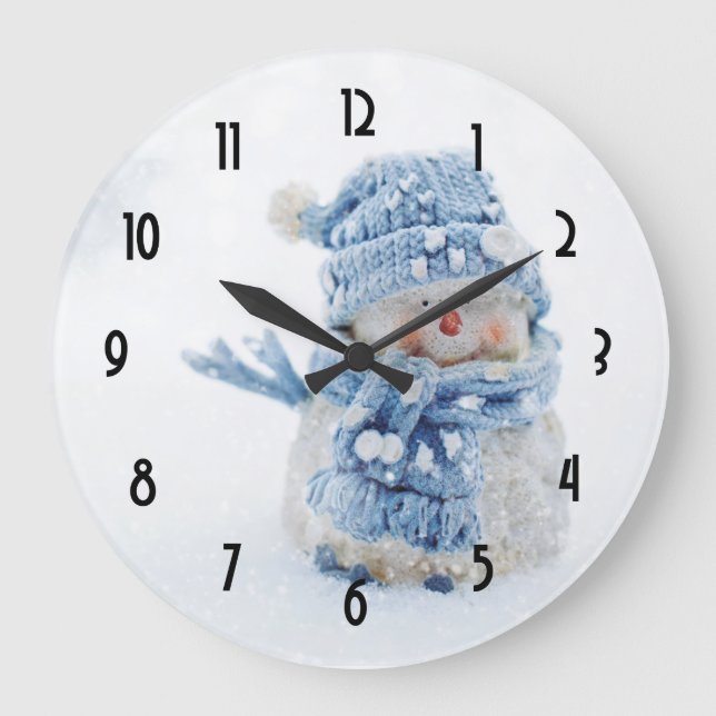 Cute Snowman in Winter Photograph Christmas Large Clock (Front)