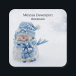 Cute Snowman in Winter Photograph Christmas Square Business Card<br><div class="desc">Business card with a cute photograph of a little snowman. Standing outside in the winter with snow falling all around. This cute little guy is dressed up in blue knitted hat and scarf. Some white/grey bokeh flare in the background.</div>