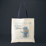 Cute Snowman in Winter Photograph Christmas Tote Bag<br><div class="desc">A tote bag with a cute photograph of a little snowman. Standing outside in the winter with snow falling all around. This cute little guy is dressed up in blue knitted hat and scarf.</div>