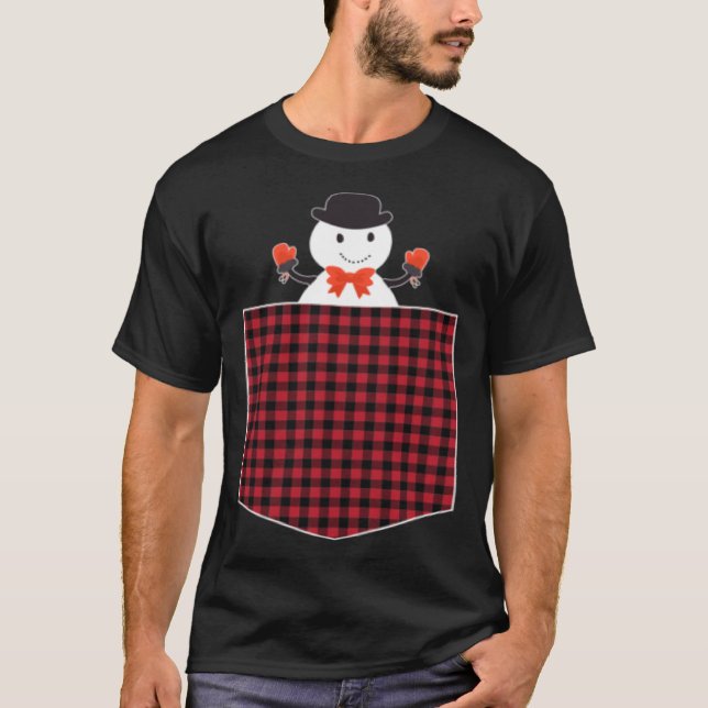 Cute Snowman Inside Buffalo Plaid Pocket Holiday C T-Shirt (Front)