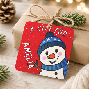 Cute Snowman Kids Name Christmas Gift Square Sticker