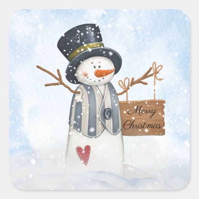 Cute Snowman Kids Watercolor Winter Christmas Square Sticker (Front)