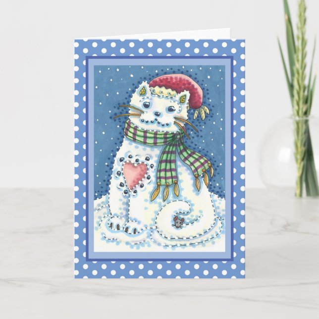 CUTE SNOWMAN KITTEN, SNOWFLAKES CAT AND MOUSE CARD (Front)
