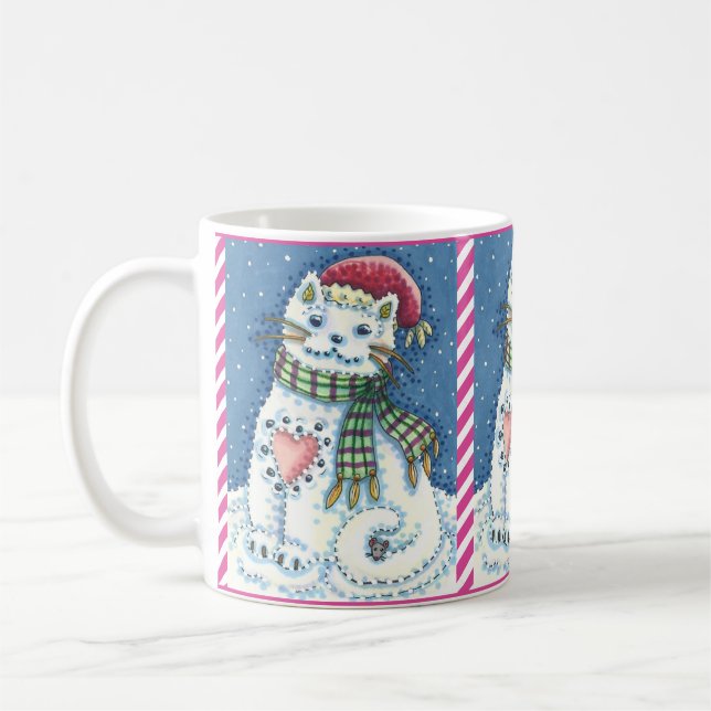 CUTE SNOWMAN KITTEN, SNOWFLAKES CAT AND MOUSE COFFEE MUG (Left)