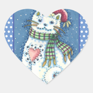 CUTE SNOWMAN KITTEN, SNOWFLAKES CAT AND MOUSE HEART STICKER