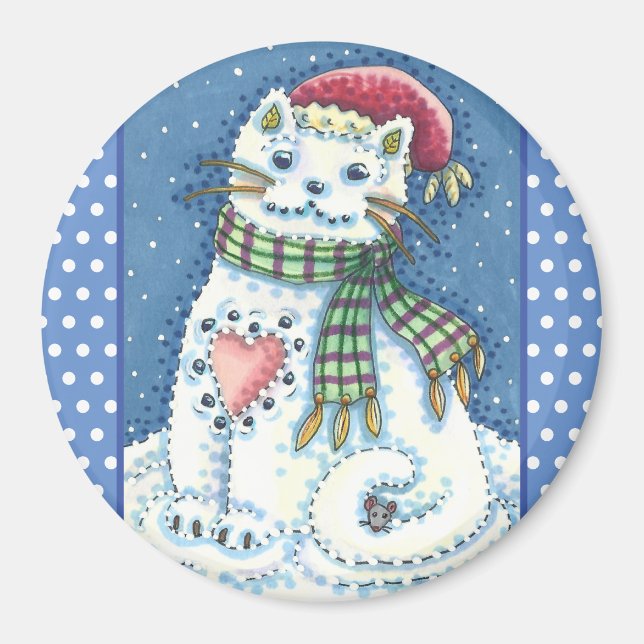 CUTE SNOWMAN KITTEN, SNOWFLAKES CAT AND MOUSE MAGNET (Front)