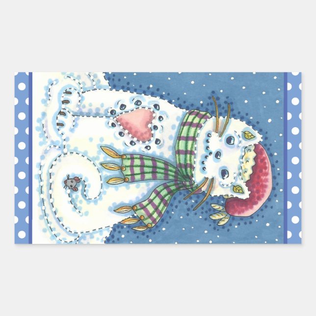 CUTE SNOWMAN KITTEN, SNOWFLAKES CAT AND MOUSE RECTANGULAR STICKER (Front)