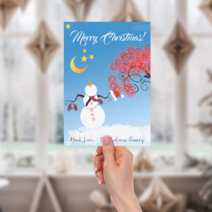 Cute Snowman Looking up at the Moon Holiday Card