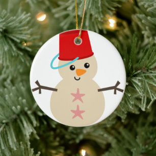 Cute Snowman Made of Sand with Pail for Hat Ceramic Ornament